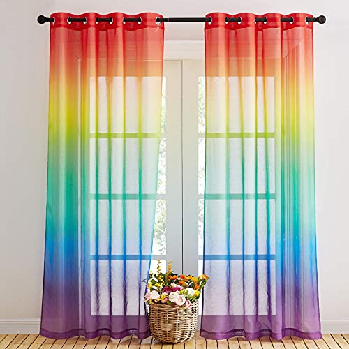 NICETOWN 2 Stücke Kinderzimmer Gardinen Farbverlauf - H 245 x B 140 cm Regenbogen Farbverlauf Vorhänge für Kinderzimmer Dekoschals Halbtransparente Voile Gardinen mit Ösen, Regenbogen von NICETOWN