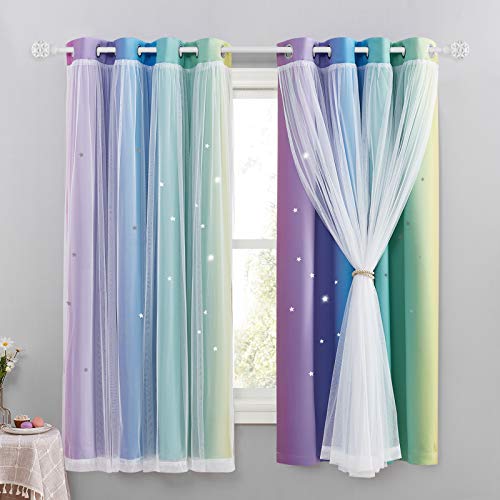 NICETOWN Kinderzimmer Gardinen mit Ösen Dekoration Blickdichter Vorhang Junge Sternenvorhänge mit Voile Ösenvorhang 2er Set H 160 x B 132 cm, Regenbogen-1 von NICETOWN