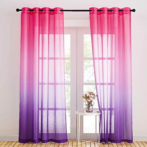 NICETOWN Farbverlauf Gardinen Kinderzimmer Mädchen - 2 Stücke H 245 x B 140 cm Fenster Vorhänge Leinenoptik Halbtransparent Ösenvorhang Kinderzimmer Dekoschals Voile Gardine, Pink+Lila von NICETOWN