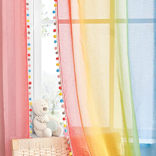 NICETOWN Farbverlauf Gardinen Kinderzimmer Ösenvorhang 2er Set H 160 x B 132 cm Regenbogen Vorhang mit Bunten Pompons für Kinderzimmer Deko Leinenoptik Gardinen Transparent von NICETOWN