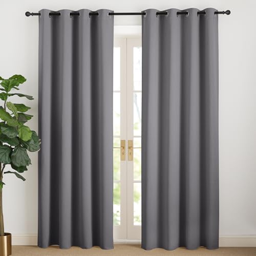 NICETOWN Gardinen Grau Blickdicht Vorhang 220 cm Lang Thermovorhang Kälteschutz Fenster Verdunkelungsvorhang Ösen Vorhänge Wohnzimmer Modern Übergardinen Ösenschal 2er Set, H220 x B140 cm von NICETOWN