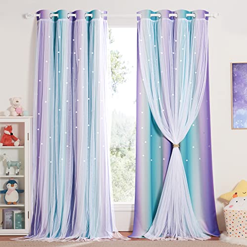 NICETOWN Kinderzimmer Gardinen mit Hohlen Sternen und Voile Verdunkelungsvorhang 2 Stücke Kindervorhänge Junge Dekoration Curtains mit Ösen, H 213 x B 132 cm,Blau+Lila von NICETOWN