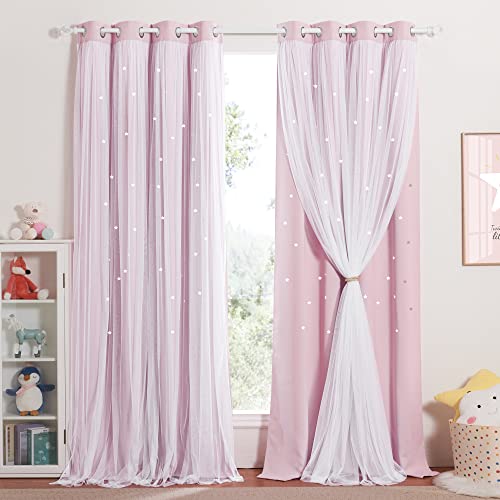 NICETOWN Gardinen Kinderzimmer Mädchen Doppellagiger Vorhang mit Hohlen Sternen und Voile Verdunklungsvorhänge Ösenschal 2er Set H 280 x B 132 cm, Hellpink NICETOWN Gardinen Kinderzimmer Mädchen Doppellagiger Vorhang mit Hohlen Sternen und Voile Verdunklungsvorhänge Ösenschal 2er Set H 280 x B 132 cm, Hellpink von NICETOWN