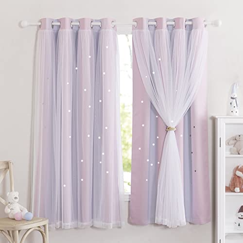 NICETOWN Gardinen Kinderzimmer Mädchen 2er Set Doppellagige Vorhänge mit Hohlen Sternen und Voile Dekoration Verdunklungsvorhänge Kurz H 160 x B 132 cm, Pink+Lila von NICETOWN
