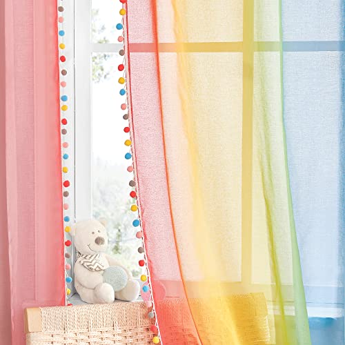 NICETOWN Kinderzimmer Gardinen Transparent Ösenschal 2er Set H 220 x B 132 cm Leinenoptik Vorhänge mit Farbverlauf und Bunten Pompons Regenbogen Vorhang Leinenoptik Transparent von NICETOWN