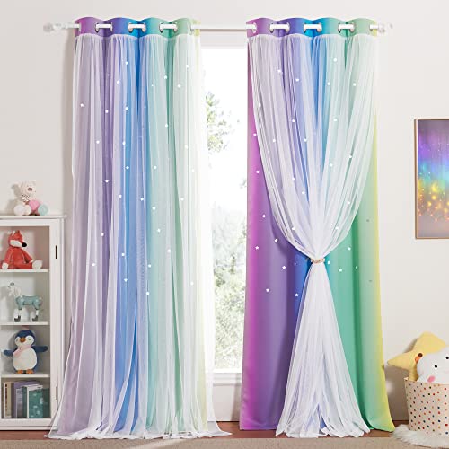 NICETOWN Kinderzimmer Vorhang Verdunkelung 2er Set Sterne Gardinen Junge Dekoration Doppellagige Verdunklungsvorhänge mit Voile Ösenvorhang, H 213 x B 132 cm, Regenbogen-1 NICETOWN Kinderzimmer Vorhang Verdunkelung 2er Set Sterne Gardinen Junge Dekoration Doppellagige Verdunklungsvorhänge mit Voile Ösenvorhang, H 213 x B 132 cm, Regenbogen-1 von NICETOWN
