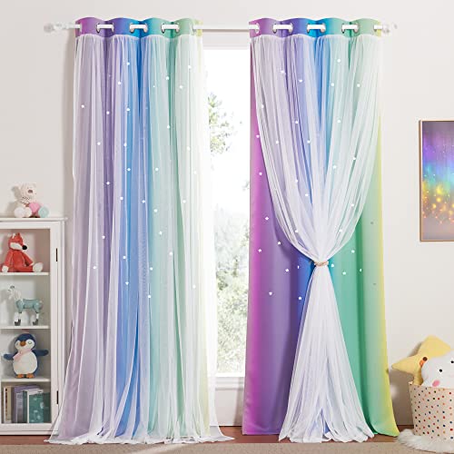 NICETOWN Kinderzimmer Vorhang Verdunkelung 2er Set - Sterne Gardinen Kinderzimmer Junge Doppellagige Vorhänge mit Voile Ösenvorhang, H 213 x B 132 cm, Regenbogen-1 von NICETOWN