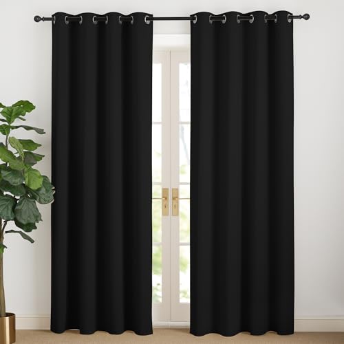NICETOWN Schwarze Vorhänge Blickdicht Gardinen 220 cm Lang Kälteschutzvorhang Verdunkelungsvorhang Ösen Vorhang Wohnzimmer Modern Übergardinen Ösengardinen 2er Set, H220 x B140 cm von NICETOWN