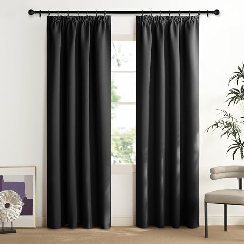 NICETOWN Verdunkelnde Vorhänge Schwarz Gardinen 200 cm Lang Blickdichte Vorhang Kräuselband Wohnzimmer Verdunkelungsvorhang Schiene Thermovorhang Hitzeschutz 2er Set 200 x 140 cm(HxB) von NICETOWN