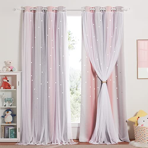 NICETOWN Verdunkelugsvorhang Kinderzimmer Mädchen Gardienen 2-Set Sternenvorhänge mit Voile Dekoration Curtains Vorhang mit Ösen, H 260 x B 132 cm, Pink+Grau von NICETOWN