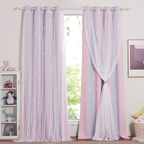 NICETOWN Verdunkelungsvorhang Kinderzimmer Doppellagiger Vorhang mit Hohlen Sternen und Voile Gardinen Mädchen Dekoration Ösenschal 2er Set H 280 x B 132 cm, Pink+Lila NICETOWN Verdunkelungsvorhang Kinderzimmer Doppellagiger Vorhang mit Hohlen Sternen und Voile Gardinen Mädchen Dekoration Ösenschal 2er Set H 280 x B 132 cm, Pink+Lila von NICETOWN