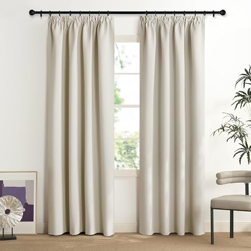 NICETOWN Vorhang Blickdicht Beige 2er Set Thermovorhang Hitzeschutz Kräuselband Wohnzimmer Gardine 200 cm Lang Gardinen Thermo Verdunkelungsvorhang für Schienensystem, 200 x 140 cm(HxB) Hellbeige von NICETOWN