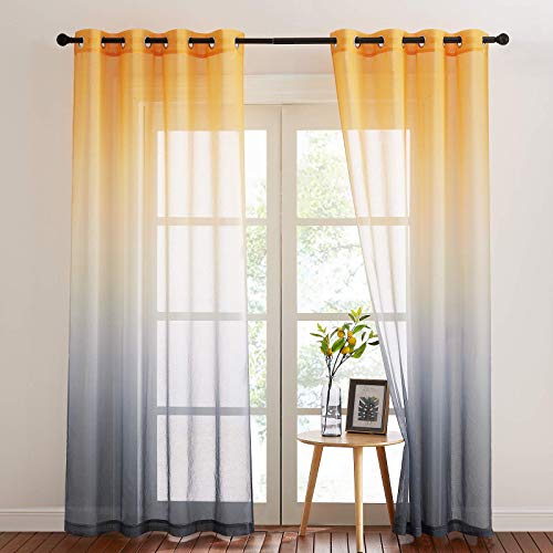 NICETOWN Wohnzimmer Vorhang Farbverlauf Voile Gardinen Halbtransparent 2er Set H 245 x B 140 cm Kinderzimmer Leinenoptik Ösenvorhang Fenster Dekoration, Gelb+Grau von NICETOWN