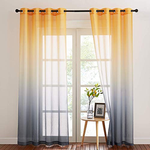 NICETOWN Vorhang Farbverlauf Voile Gardinen Halbtransparent 2er Set H 245 x B 140 cm Kinderzimmer Gardinen mit Farbverlauf Ösenvorhang Halbtransparent Fenster Vorhänge Leinenoptik, Gelb+Grau von NICETOWN