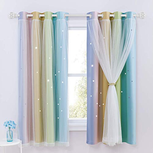 NICETOWN Kinderzimmer Vorhang Mädchen 2 Stücke H 160 x B 132 cm Sterne Gardinen Kurz Dekoration Doppellagige Verdunklungsvorhänge mit Voile, Regenbogen-2 von NICETOWN