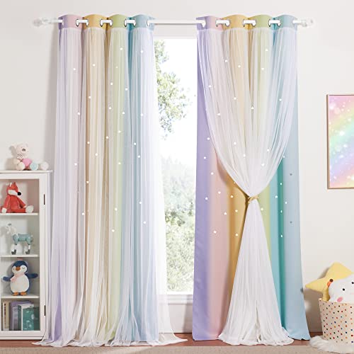 NICETOWN Vorhang Kinderzimmer Mädchen Sternenvorhänge mit Voile Dekoration Verdunkelungsvorhang Gardinen mit Ösen 2er Set H 280 x B 132 cm, Regenbogen-2 von NICETOWN