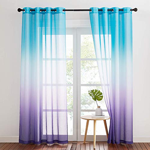 NICETOWN Wohnzimmer Gardinen Modern 2er Set H 245 x B 140 cm Vorhang Leinenoptik Halbtransparent Voile mit Farbverlauf Ösenvorhang Dekoration Curtains, Blau+Lila von NICETOWN