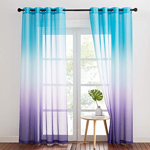 NICETOWN Wohnzimmer Gardinen Modern 2er Set -H 245 x B 140 cm Vorhang Leinenoptik Halbtransparent Voile Gardinen mit Blauen & Lila Farbverlauf Ösenvorhang Balkontür, Blau+Lila von NICETOWN