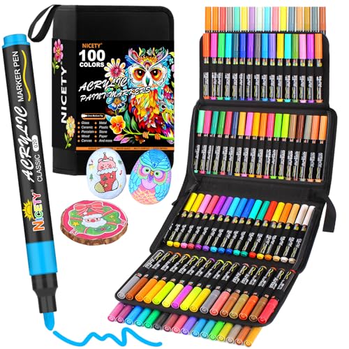 NICETY 100 Acrylstifte für Steine Wasserfest - 3mm Medium Tip Multimarker Porzellanstifte Acrylmarker für Glasmalstifte Leinwand Holz Stein Stoff Holz Leinwand Glas Lackstift von NICETY