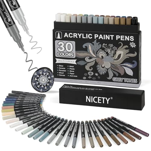 NICETY 30pcs Acrylstifte für Steine Wasserfest - Multimarker Acrylmarker Glasmalstifte für Stein Stoff Holz Leinwand Glas Keramik - 0,7 mm Acrylic Paint Markers(Grau) von NICETY