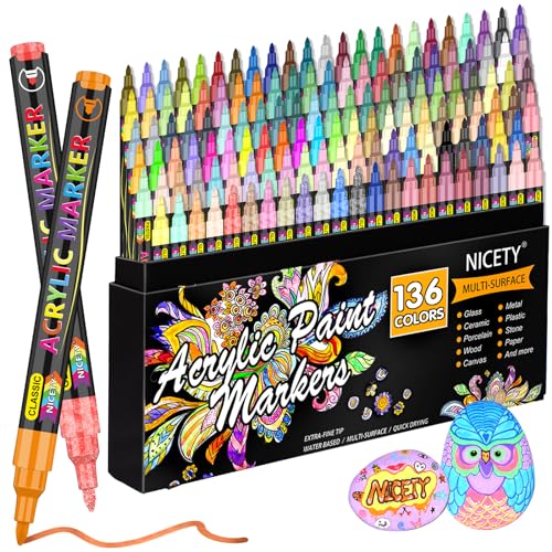 NICETY Acrylstifte für Steine Wasserfest - 136 Farben Multimarker Acrylmarker Glasmalstifte für Stein Stoff Holz Leinwand Glas Keramik - 0,7 mm Acrylic Paint Markers von NICETY