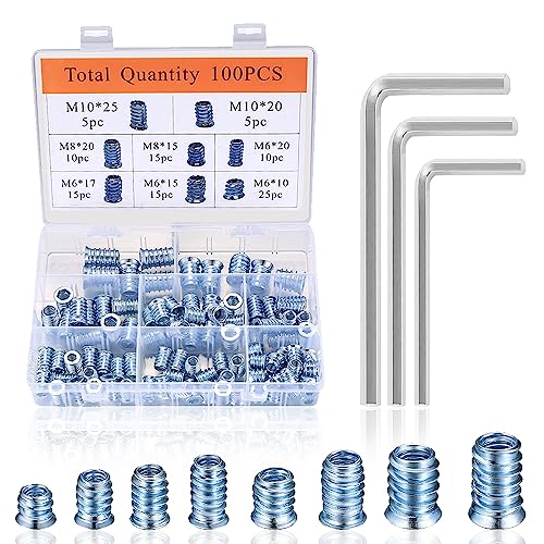 NICEWAT Einschraubmutter M6/M8/M10, 100 Stück Gewindeeinsätze für Holzmöbel mit 3 Schraubenschlüsseln, Gewindeeinsatz für mehr Stabilität und Halt von NICEWAT
