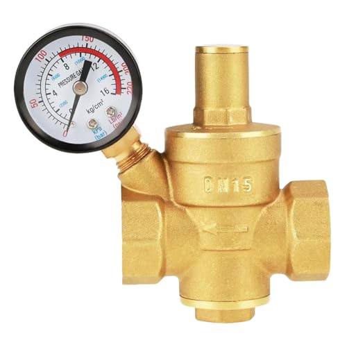 NICEWAT Druckminderer Wasser 1/2 zoll DN15 mit Manometer, Einstellbarer Wasserdruckregler, Hergestellt aus 100% Hohe Härte Messing, Wasserdruckminderer für Häuser Gebäude Fabriken von NICEWAT