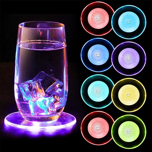 NICEWAT 8 Stück Bunt LED Untersetzer Leuchtende, Wasserdichtes Leuchtuntersetzer, Untersetzer Acryl Rund für Weihnachten Pub Gläser Flaschen Partys Hochzeiten von NICEWAT