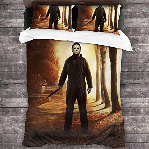 NICHIYO Halloween: The Curse of Michael Myers Bettwäsche-Set – Bettbezug und Kissenbezug, Mikrofaser, 3D-Digitaldruck, dreiteiliger Bettwäsche (11,Single 135 * 200 cm+80 * 80 cm) von NICHIYO