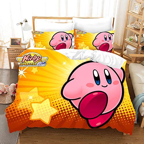 NICHIYO Kirby Cartoon-Spiel 3D-Bettwäsche-Set Bettbezüge Kissenbezüge niedlich rosa Ball Anime Bettwäsche-Sets Bettwäsche (1,Einzelbett 135 x 200 cm + 50 x 75 cm) von NICHIYO