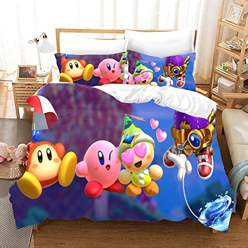 NICHIYO Kirby Cartoon-Spiel 3D-Bettwäsche-Set Bettbezüge Kissenbezüge niedlich rosa Ball Anime Bettwäsche-Sets Bettwäsche (3,Einzelbett 135 x 200 cm + 50 x 75 cm) von NICHIYO