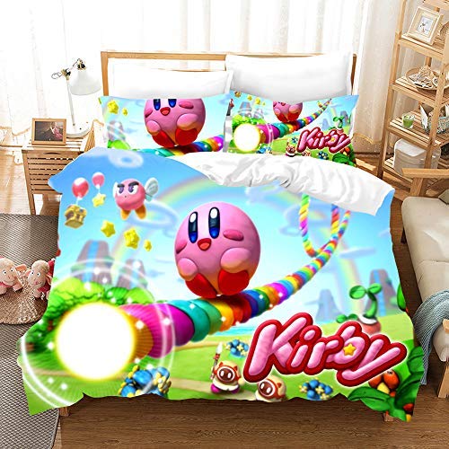 NICHIYO Kirby Cartoon-Spiel 3D-Bettwäsche-Set Bettbezüge Kissenbezüge niedlich rosa Ball Anime Bettwäsche-Sets Bettwäsche (4,Einzelbett 135 x 200 cm + 80 x 80 cm) von NICHIYO