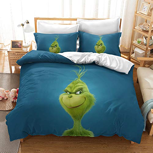 NICHIYO The Grinch Bettwäsche-Set, Bettbezug und Kissenbezug, Mikrofaser, 3D-Digitaldruck, dreiteiliges Bettwäsche-Set (Bettbezug + Kissenbezüge), Einzelbett 135 x 200 cm von NICHIYO