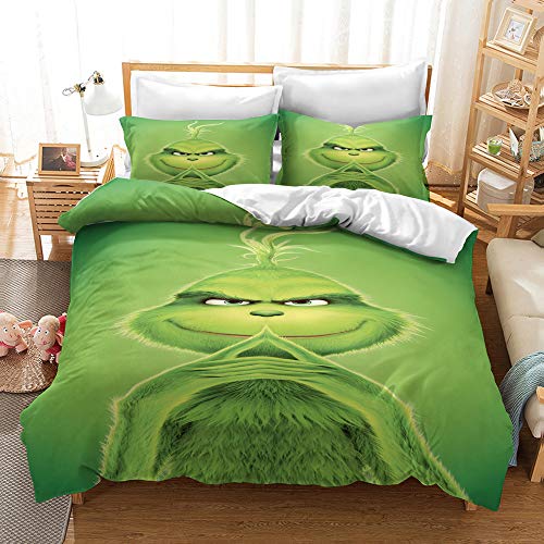 NICHIYO The Grinch Bettwäsche-Set – Bettbezug und Kissenbezug, Mikrofaser, 3D-Digitaldruck, dreiteilige Bettwäsche (Bettbezug + Kissenbezüge) (3, Einzelbett 135 x 200 cm) von NICHIYO