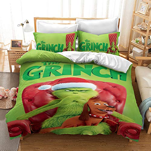 NICHIYO The Grinch Bettwäsche-Set – Bettbezug und Kissenbezug, Mikrofaser, 3D-Digitaldruck, dreiteilige Bettwäsche (Bettbezug + Kissenbezüge) (9, King 220 x 240 cm) von NICHIYO