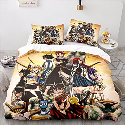 NICHIYOBI Fairy Tail Bettbezug Bettwäsche Set - Bettbezug und Kissenbezug,Mikrofaser,3D Digital Print dreiteiliger Bettwäsche (3,Single 135 * 200cm+80 * 80cm) von NICHIYOBI