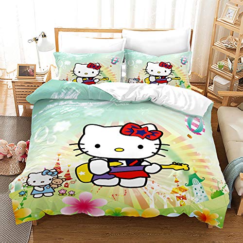 NICHIYOBI Hello Kitty Bettbezug Bettwäsche Set - Bettbezug und Kissenbezug,Mikrofaser,3D Digital Print dreiteiliger Bettwäsche (1,Double 200x200cm) von NICHIYOBI