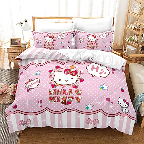 NICHIYOBI Hello Kitty Bettbezug Bettwäsche Set - Bettbezug und Kissenbezug,Mikrofaser,3D Digital Print dreiteiliger Bettwäsche (10,Double 200x200cm) von NICHIYOBI