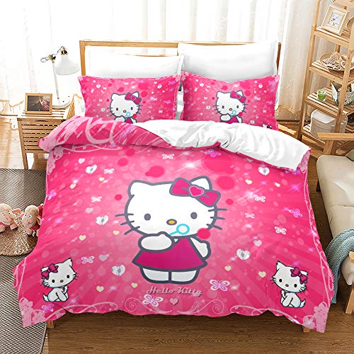 NICHIYOBI Hello Kitty Bettbezug Bettwäsche Set - Bettbezug und Kissenbezug,Mikrofaser,3D Digital Print dreiteiliger Bettwäsche (12,Single 135 * 200cm+80 * 80cm) von NICHIYOBI