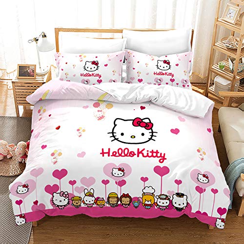 NICHIYOBI Hello Kitty Bettbezug Bettwäsche Set - Bettbezug und Kissenbezug,Mikrofaser,3D Digital Print dreiteiliger Bettwäsche (14,Single 135 * 200cm+80 * 80cm) von NICHIYOBI