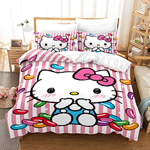 NICHIYOBI Hello Kitty Bettbezug Bettwäsche Set - Bettbezug und Kissenbezug,Mikrofaser,3D Digital Print dreiteiliger Bettwäsche (18,Single 135 * 200cm+80 * 80cm) von NICHIYOBI