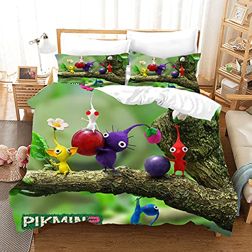 NICHIYOBI Pikmin Bettbezug Bettwäsche Set - Bettbezug und Kissenbezug,Mikrofaser,3D Digital Print dreiteiliger Bettwäsche (5,Single 135x200cm+80 * 80cm) von NICHIYOBI