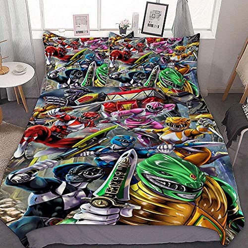 NICHIYOBI Power Rangers Bettbezug Bettwäsche Set - Bettbezug und Kissenbezug,Mikrofaser,3D Digital Print dreiteiliger Bettwäsche (7,135x200cm+ 80x80cmx2) von NICHIYOBI