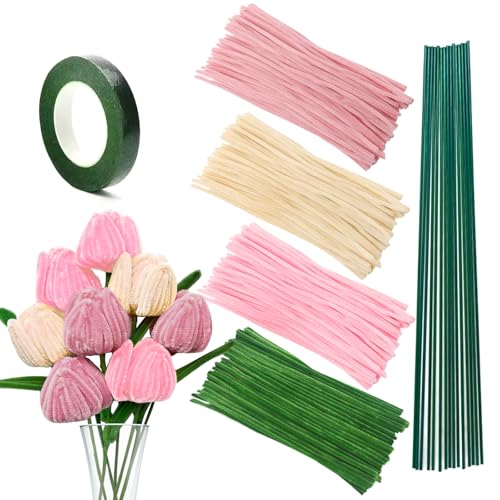 NICKLIN Pfeifenreiniger Pastell 240 Stück Pfeifenputzer zum Basteln,Tulpe Pfeifenreiniger Blumen Set,Pfeifenputzer Biegeplüsch mit 4 Farben DIY Geschenke für Basteln Handwerk Dekorieren(Rosa) von NICKLIN