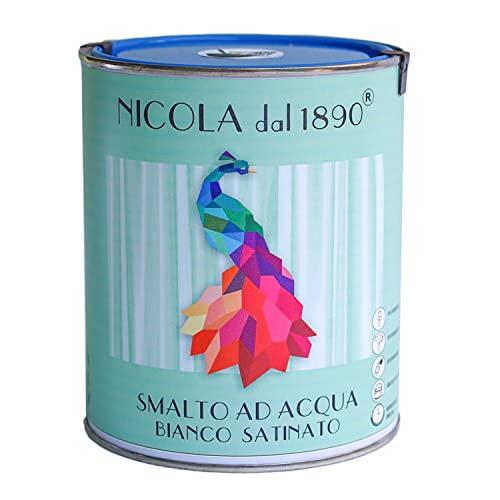 NICOLA VERNICI Buntlack auf Wasserbasis, Acryllack für den Innen- und Außenbereich, für Metall, Holz, Wande, Stahlbeton, Kunststoff, PVC, Gipskarton - Satin-weiß, 1 Liter von NICOLA VERNICI