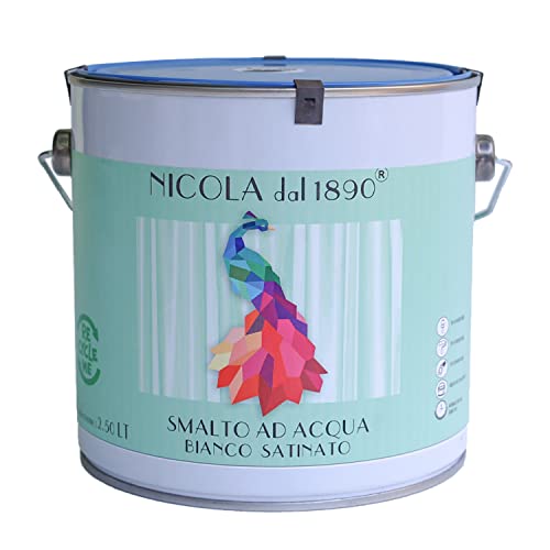 NICOLA VERNICI Buntlack auf Wasserbasis, Acryllack für den Innen- und Außenbereich, für Metall, Holz, Wande, Stahlbeton, Kunststoff, PVC, Gipskarton - Satin-weiß, 2,5 Liter von NICOLA VERNICI