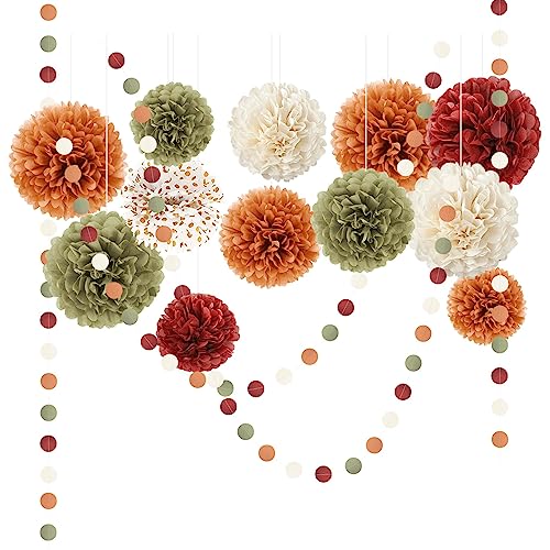 NICROLANDEE Seidenpapier Pompons Deko 15 Stück, Orange Salbei Grün Tissue Papier Pom Poms und Dots Papier Girlande, Herbst Ernte Party Dekorationen für Hochzeit, Geburtstag, Gartenparty Deko von NICROLANDEE