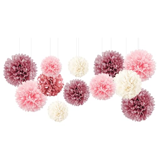 NICROLANDEE Seidenpapier-Pompons für Hochzeitsparty-Dekorationen, Set, Babypartys, Geburtstage, Brautpartys, Junggesellinnenabschied, Gartenparty, Rosa (Dusty Rose), Pink (Blush Pink), 12 Stück von NICROLANDEE