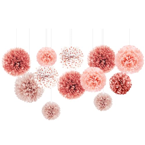 NICROLANDEE Seidenpapier Pompons für Hochzeits Dekorationen, 12 Stück Roségold Pompons Deko für Valentinstag, Babypartys, Geburtstage, Brautpartys, Junggesellinnenabschied von NICROLANDEE