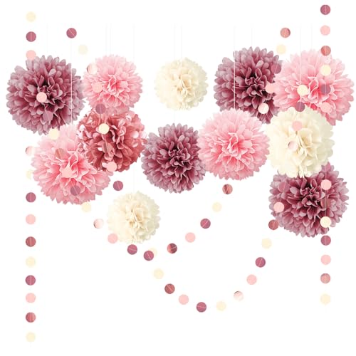 NICROLANDEE Seidenpapier Pompons Deko 15 Stück, Altrosa Tissue Papier Pom Poms und Dots Papier Girlande, Party Dekorationen für Hochzeit, Babyparty Deko, Abschlussball, Geburtstag, Gartenparty deko von NICROLANDEE